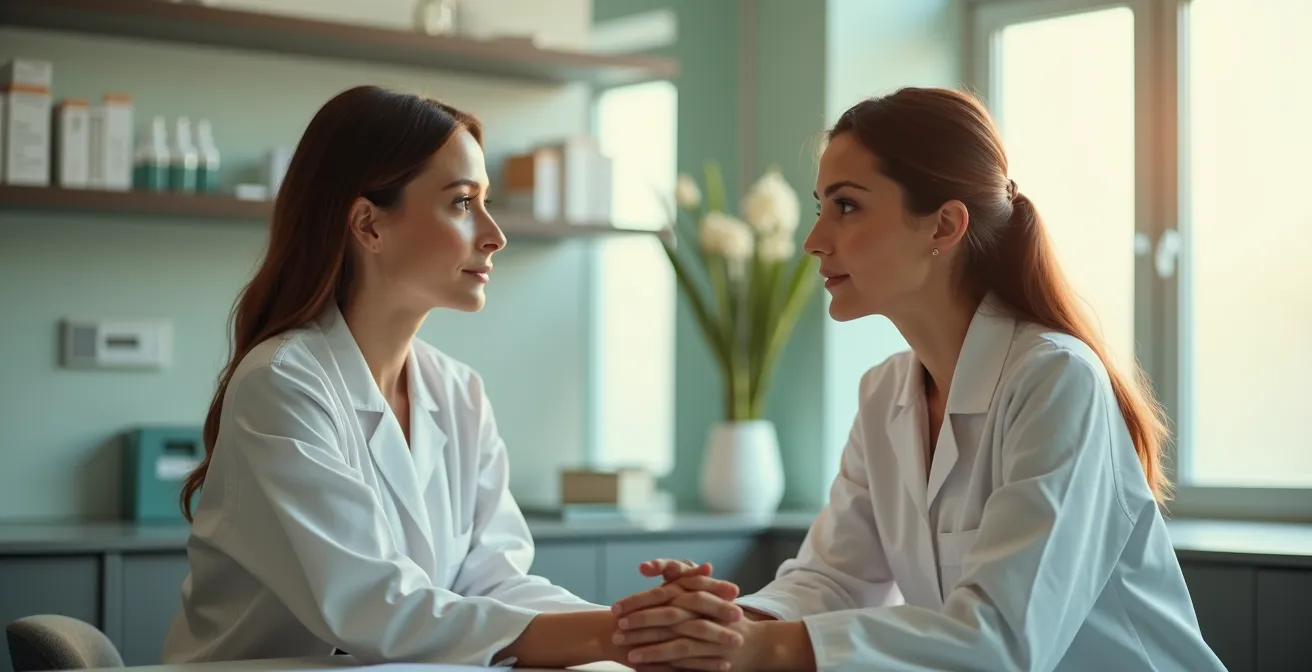 Consultation entre un chirurgien esthétique et une patiente dans un cabinet moderne, discussion attentive et échange de confiance