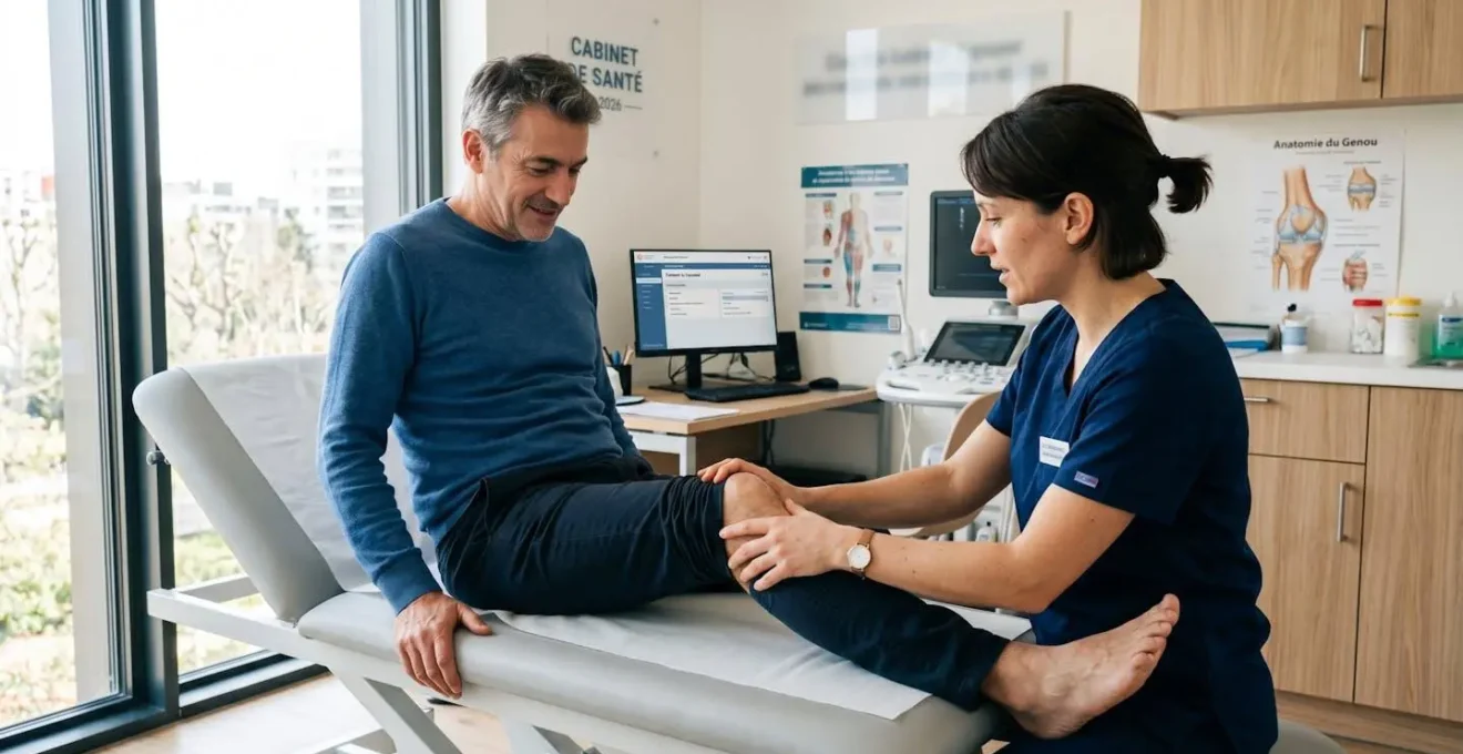 Un kinésithérapeute examine le genou d'un patient assis sur une table d'examen dans une salle médicale lumineuse et moderne