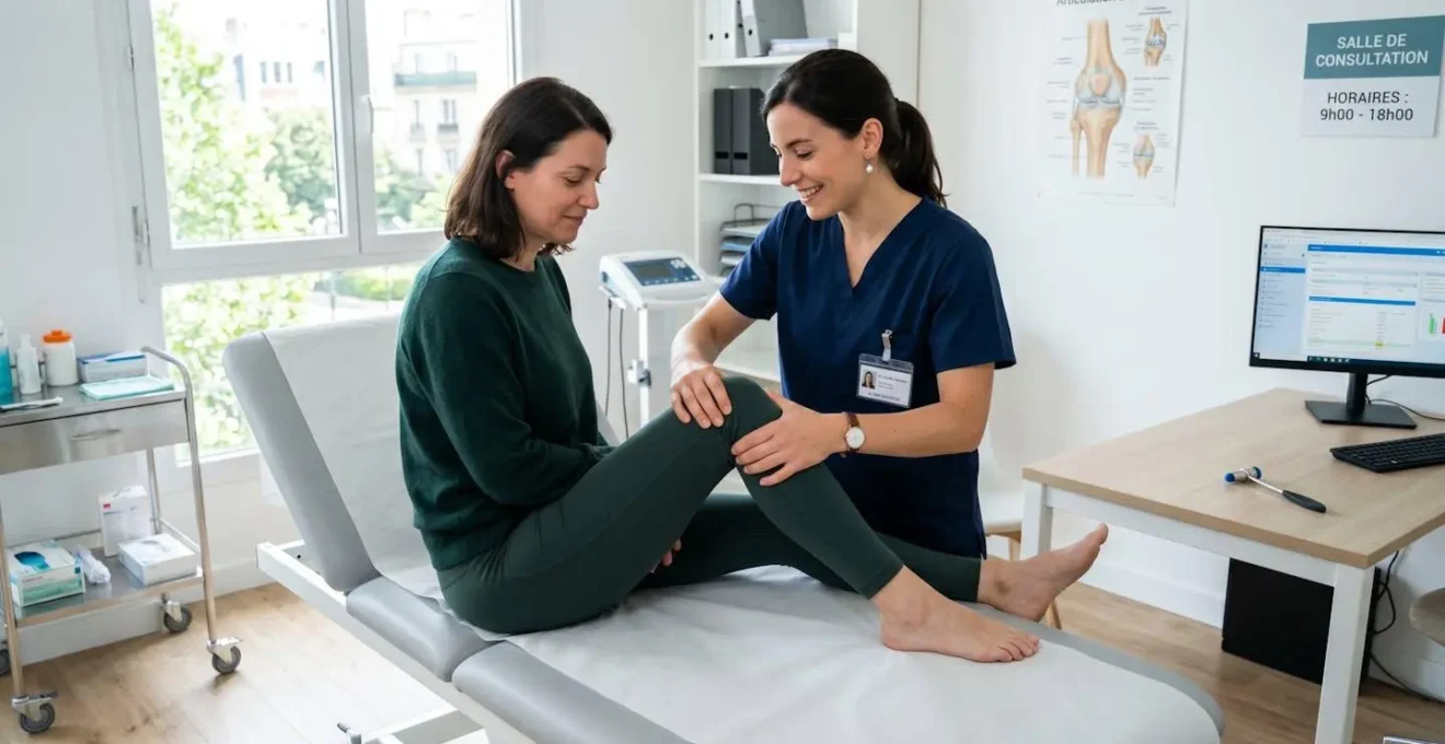 Un kinésithérapeute examine le genou d'un patient assis sur une table d'examen dans une salle médicale lumineuse et moderne