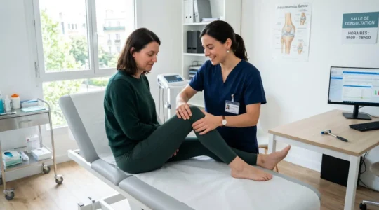 Un kinésithérapeute examine le genou d'un patient assis sur une table d'examen dans une salle médicale lumineuse et moderne