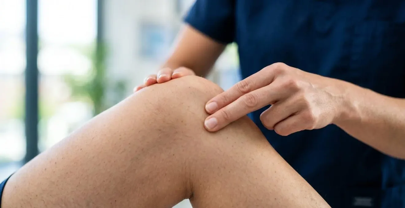 Gros plan sur les mains d'un professionnel de santé palpant le genou d'un patient lors d'un examen clinique