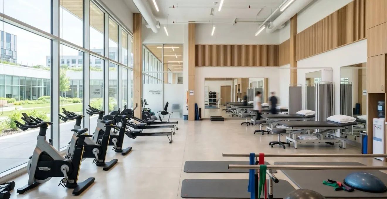 Grande salle de rééducation lumineuse et moderne avec équipements de kinésithérapie contemporains, vélos et miroirs, vide