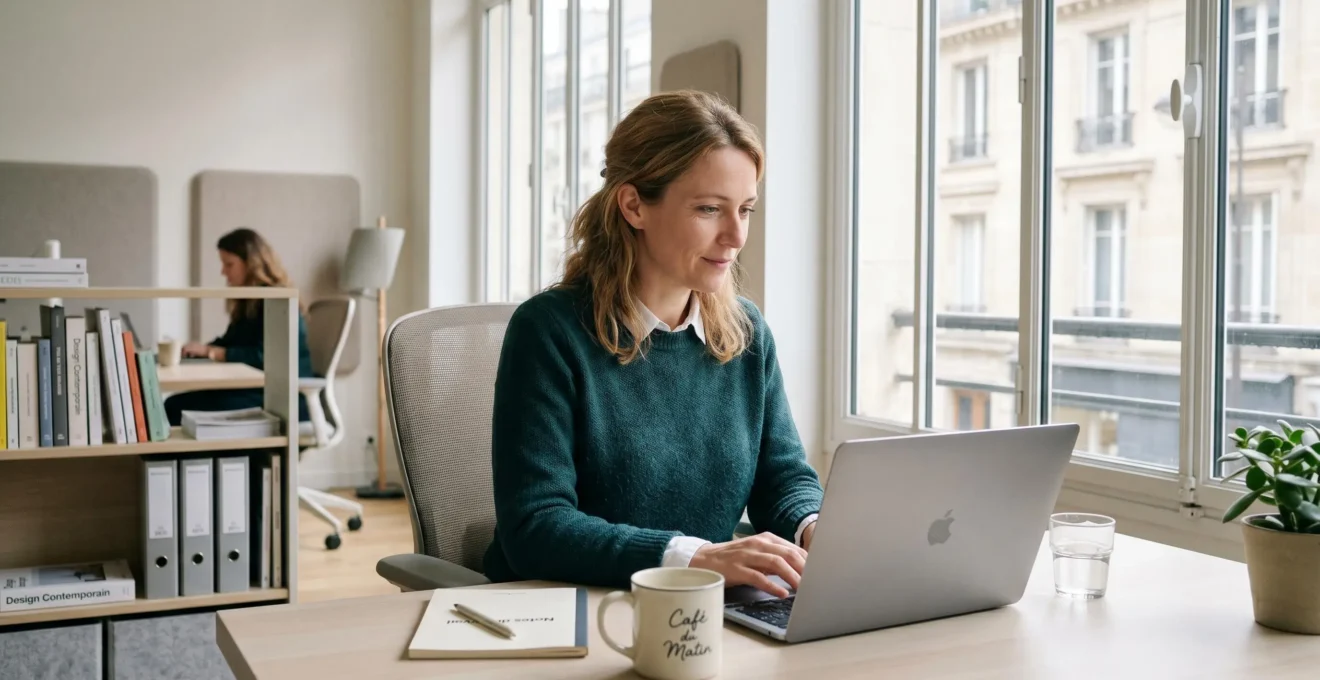 Femme de 40 ans travaillant confortablement sur ordinateur portable dans bureau lumineux moderne avec lumière naturelle, regard concentré sans signe de fatigue visuelle
