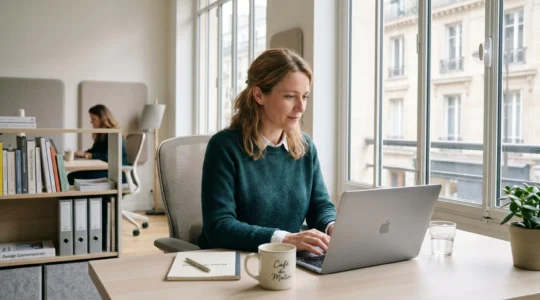 Femme de 40 ans travaillant confortablement sur ordinateur portable dans bureau lumineux moderne avec lumière naturelle, regard concentré sans signe de fatigue visuelle
