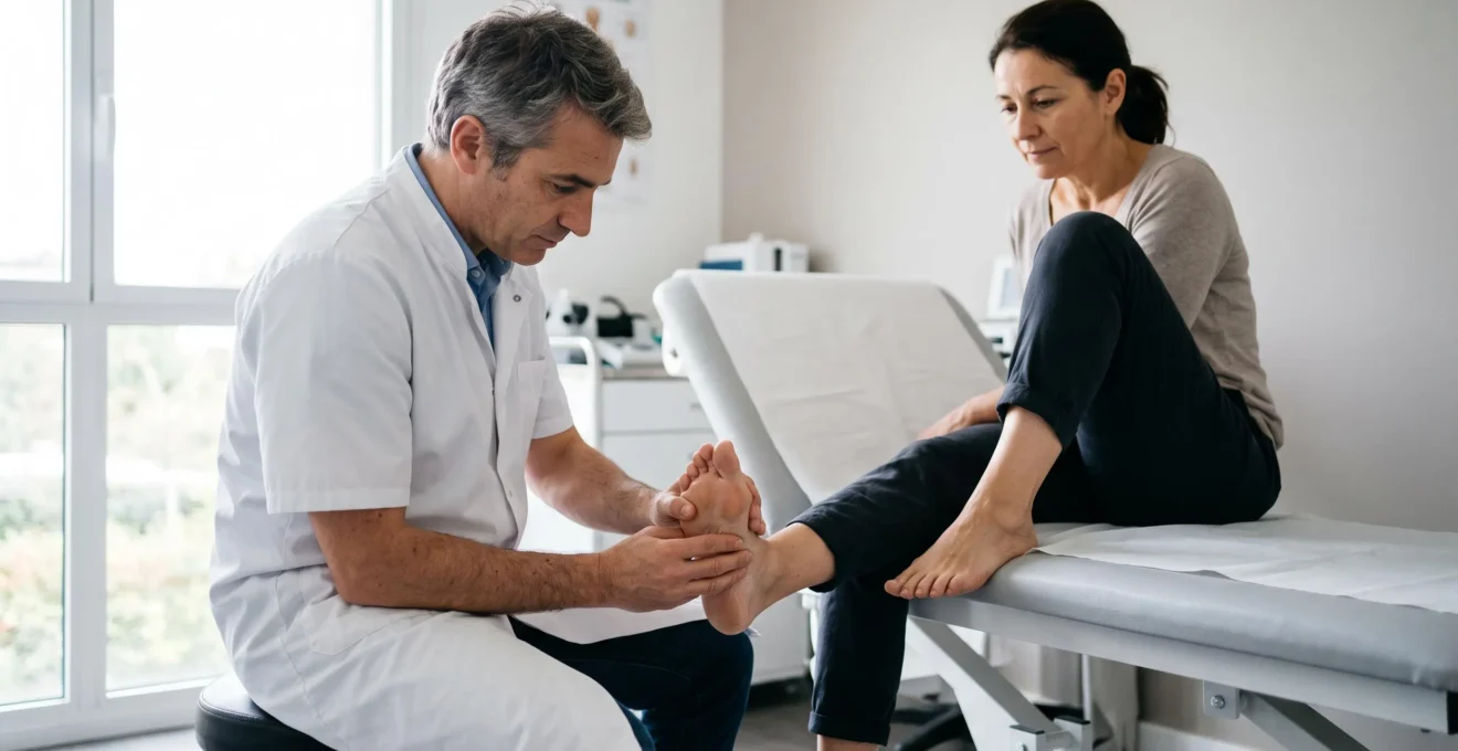 Un chirurgien orthopédiste examine le pied d'une patiente allongée sur une table d'examen dans une salle de consultation.