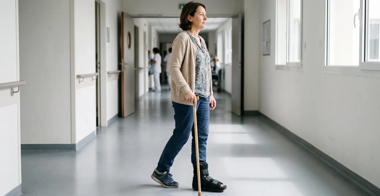 Une patiente marche dans un couloir d'hôpital avec une chaussure médicale post-opératoire au pied droit et une canne.